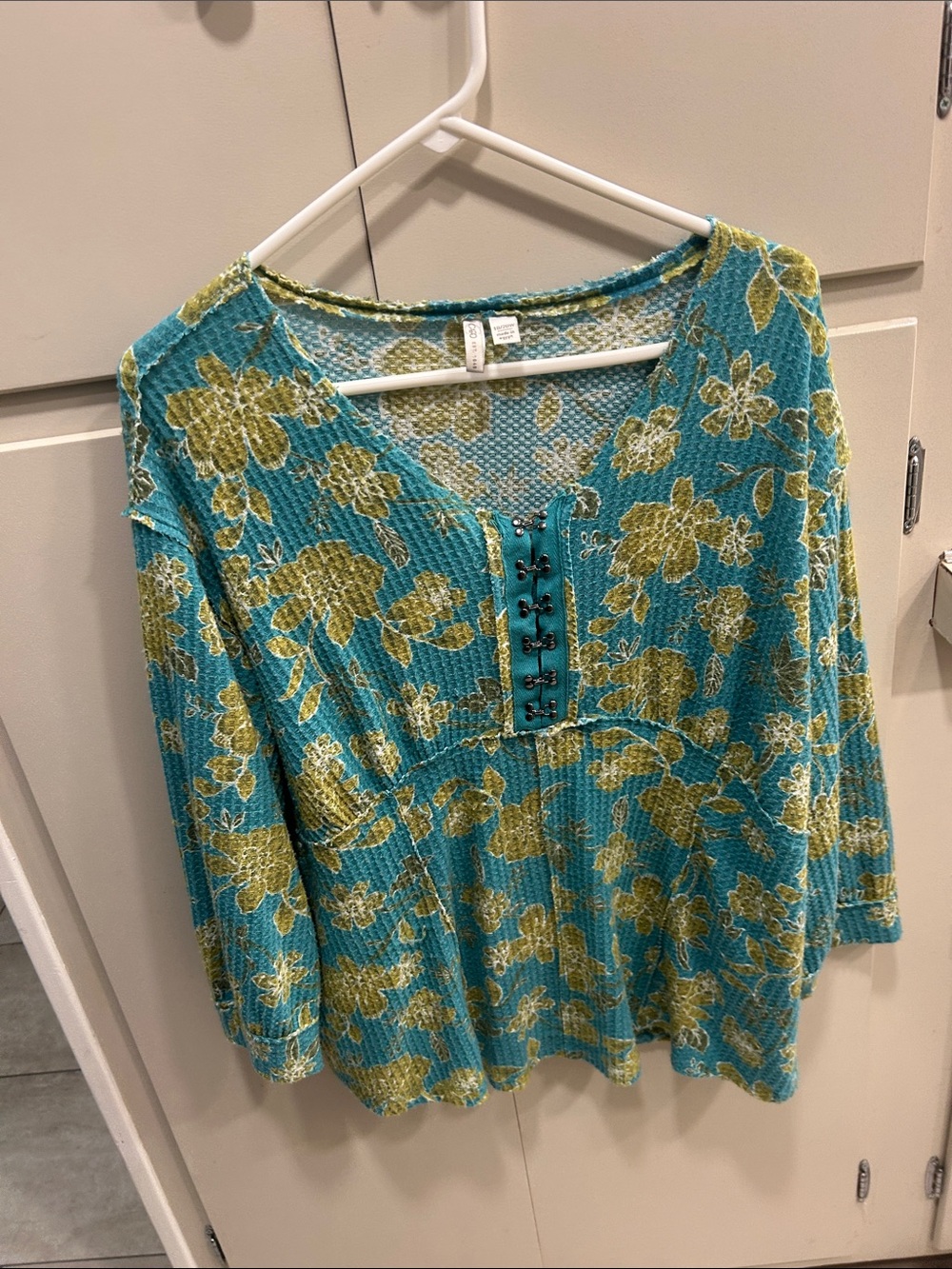 Cato Teal Lace-Up Floral Waffle Knit Tunic
